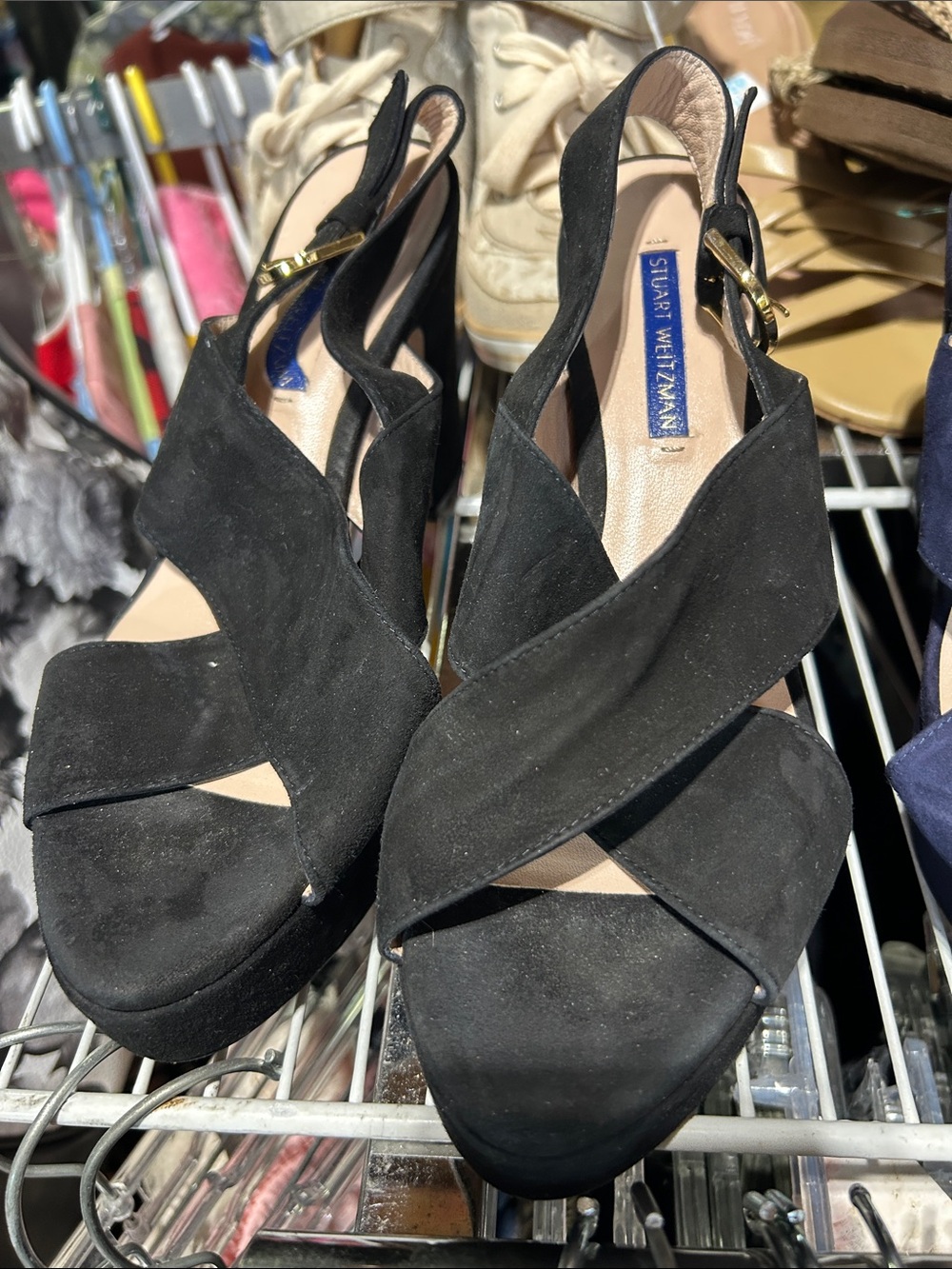 Stuart Weitzman Black Suede Platform Crisscross Slingbacks